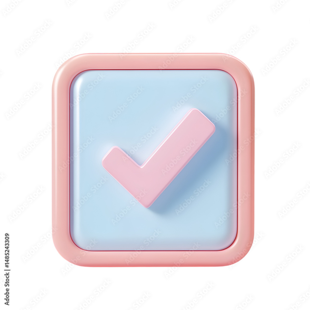 Fototapete light pink and light blue 3d rendered square button with a check mark, likely used as a user interfa