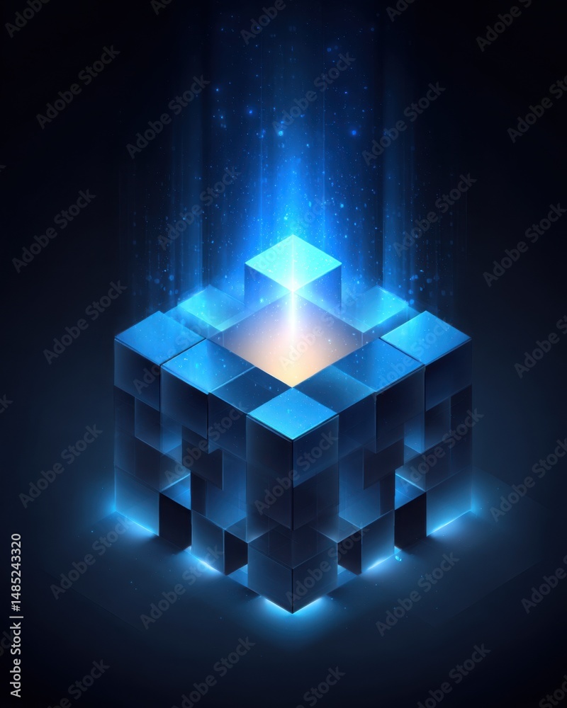 Fototapete Abstract Isometric Cube Composition with Glowing Core and Light Rays on Dark Background Digital Art