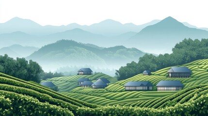 Fototapeta premium Serene Landscape with Rolling Hills and Traditional Houses Amid Greenery