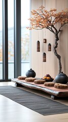 Korean Chuseok Table Setting with Rice Cakes and Fruit