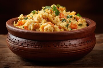 Scrambled Eggs in Rustic Bowl Close Up Still Life on Wooden Table Top Delicious Breakfast or Brunch Food Photography