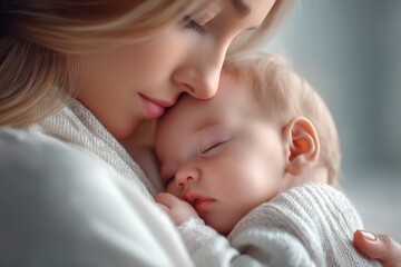 Mother Gently Cradling Sleeping Baby in Arms, Warm and Loving Portrait of Parental Bond and Peaceful Sleep.
