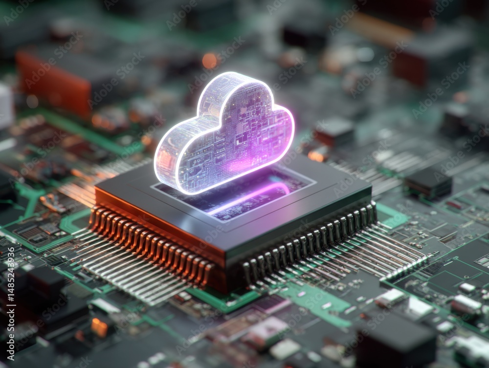 Fototapete Cloud Computing Concept on Microchip Close Up View of Circuit Board Technology and Innovation in Data Storage and Processing