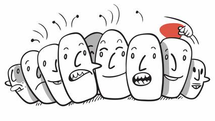 Illustration of a crowd of cartoon faces with various expressions and a hand holding a red circle above them