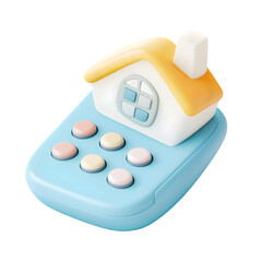 Charming, light blue house-shaped toy phone with pastel colors, perfect for young children.  The design is simple yet engaging, featuring buttons and a miniature home structure.