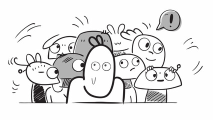 Obraz premium A whimsical gathering of cartoon characters with various expressions and one with an exclamation point bubble