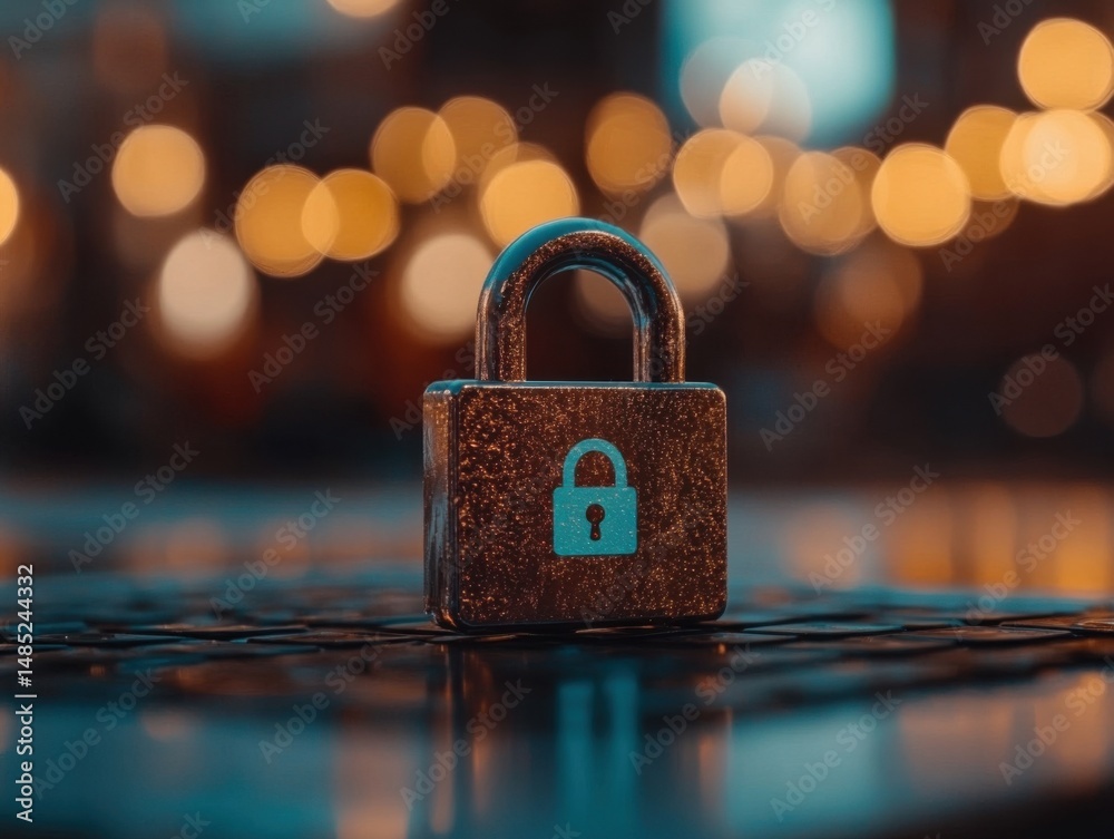 Fototapete Close up of a padlock on a keyboard for data security concept with bokeh lights in the background shining for a modern look