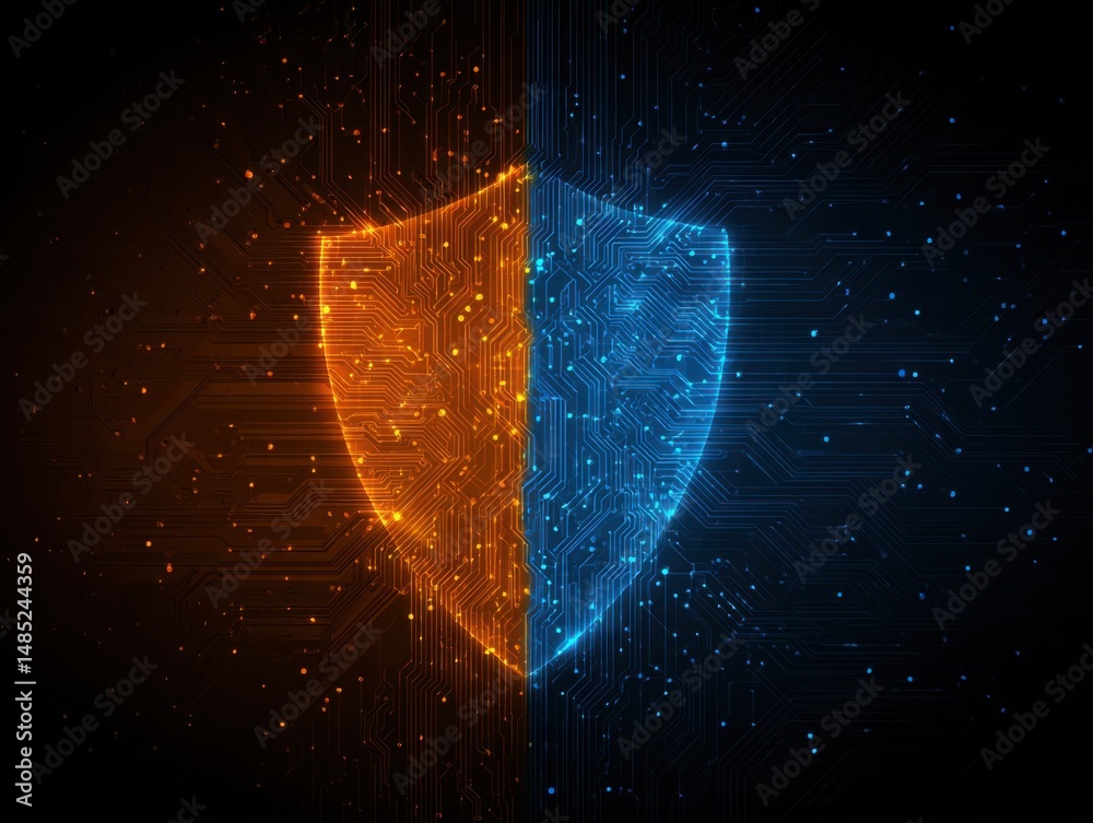 Poster Digital Shield Security Concept Illustration of Cybersecurity Protection with Circuit Board Pattern in Orange and Blue