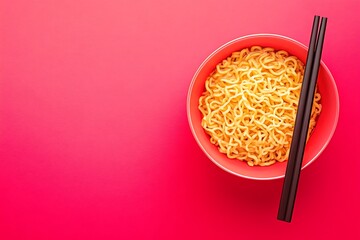 Ramen noodles and chopsticks on pink