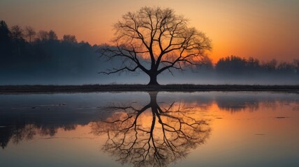 Misty Sunset with Solitary Tree and Lake Reflection