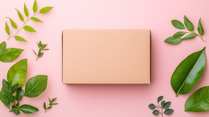 Kraft Cardboard Box Mockup with Green Leaves on Pink Background