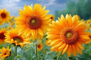 Obraz premium Vibrant Sunflower Field at Sunset: Golden Hour Beauty, Rural Landscape, Blooming Crop, Agricultural Scene, Summer Harvest.