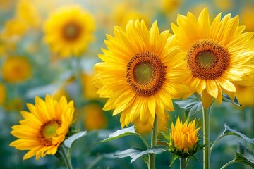 Obraz premium Close-up of vibrant yellow sunflowers in a field, showcasing detailed petals and natural sunlight for botanical, agricultural, or floral design concepts.