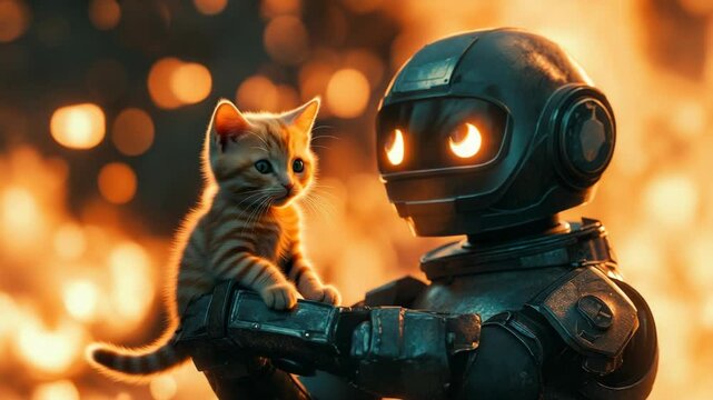 Brave firefighter in protective gear rescuing a small kitten from a dangerous fire. Emergency response, heroism, and compassion in a life-threatening situation