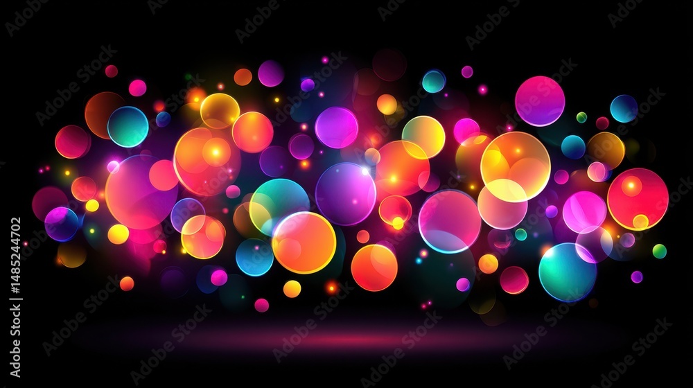 Wall mural a vibrant array of colorful, glowing bubbles and orbs floating against a black background, creating 