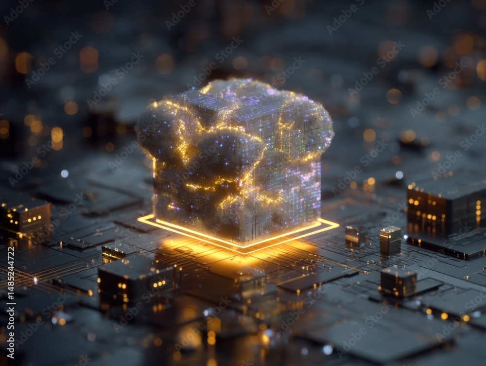Fototapete Digital cloud computing concept with glowing data cube floating above circuit board close up tech future