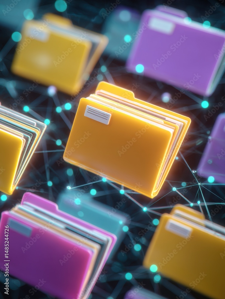 Fototapete Digital Data Folders Floating in a Network Connection System Close Up Abstract Illustration for Data Management and Cloud Storage