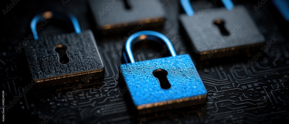 Fototapete Cybersecurity Concept Padlocks on Circuit Board Close Up Macro Shot Data Protection Encryption Digital Security