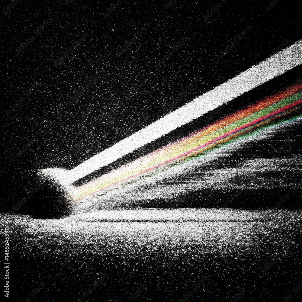 Poster abstract light ray splitting into spectrum over a dystopian landscape, grainy and dreamlike