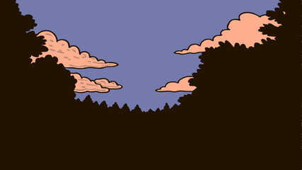 View through trees with pink clouds against a blue sky at dusk in a stylized cartoon illustration