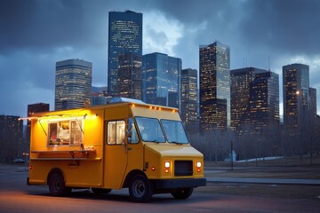 Fototapeta premium Yellow Food Truck Serving Customers at Dusk with City Skyline in Background Urban Scene Street Food Business