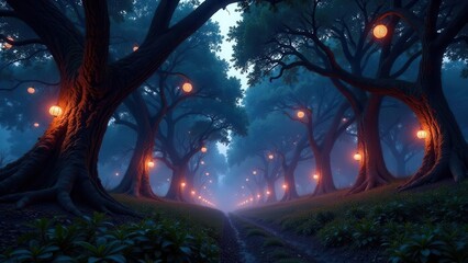 Enchanted Forest Path Illuminated by Glowing Lanterns at Dusk