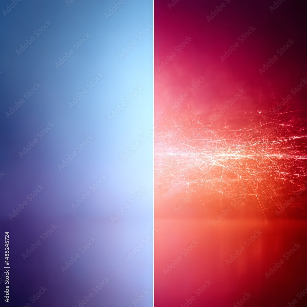 Poster abstract split: cool blue gradient meets energetic red burst, a duality of calm and chaos