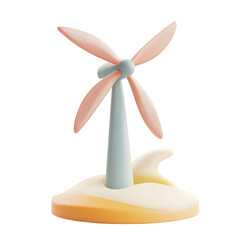 Charming, decorative wind turbine sculpture resting on a beige sandy island base. Pastel colors and a simple design create a cute, modern aesthetic.