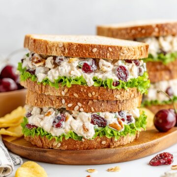 Stacked chicken salad sandwich with cranberries and lettuce on wooden board studio shot