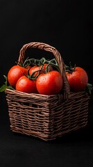 Ripe Red Tomatoes in Brown Wicker Basket on Dark Background