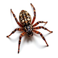 Fototapeta premium a large brown and black spider with red stripes and white markings sitting in the center