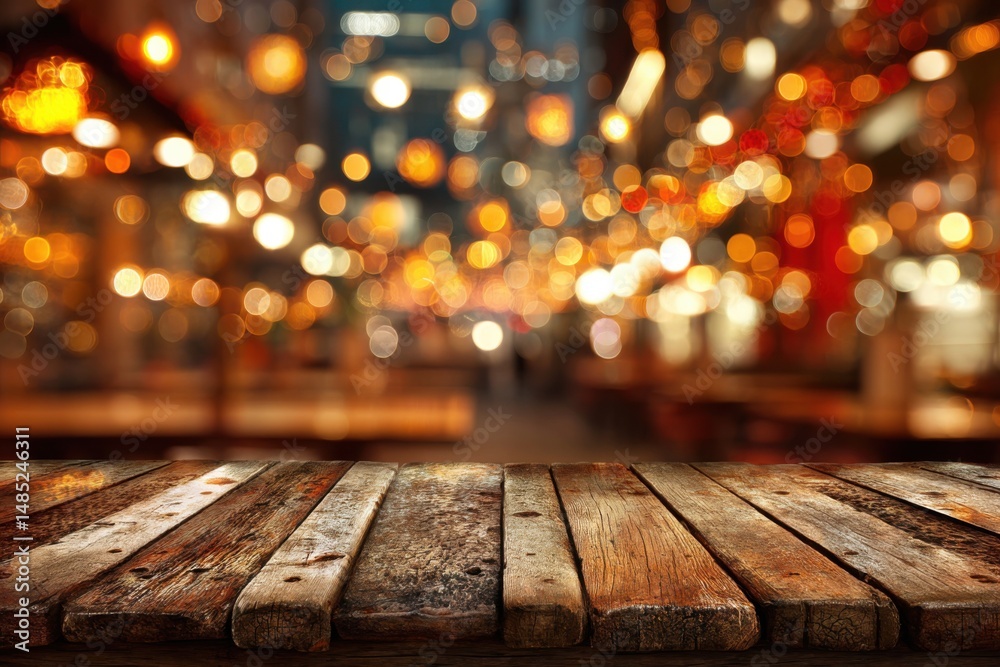 Aufkleber Rustic Wooden Table Surface with Bokeh Lights Background for Product Display in Restaurant or Bar