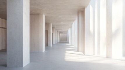 Fototapeta premium Sunlit minimalist corridor with light wood and concrete, creating a serene and spacious atmosphere