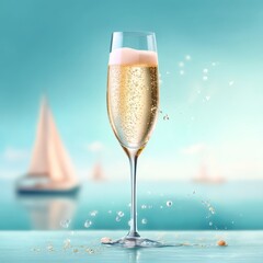 Obraz premium Tranquil Sailing Scene: Vintage Yacht on Calm Blue Water with Gentle Waves and Soft Sunlight Reflection.