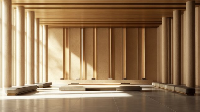 Fototapeta Sunlit minimalist interior with high ceilings, wood paneling, and neutral tones
