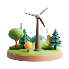 3D rendered, simplified depiction of an idyllic landscape featuring a wind turbine, trees, and grass on a miniature platform.