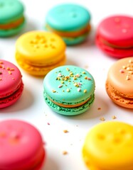Fototapeta premium an array of macarons arranged neatly on a surface. each macaron has a vibrant filling visible through its shell, showcasing different colors that suggest various flavors