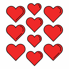 Illustration of nine red hearts arranged in a grid pattern on a white background with black outline design