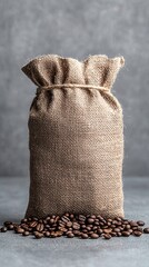 Roasted Coffee Beans Spilling from Burlap Sack onto Grey Surface