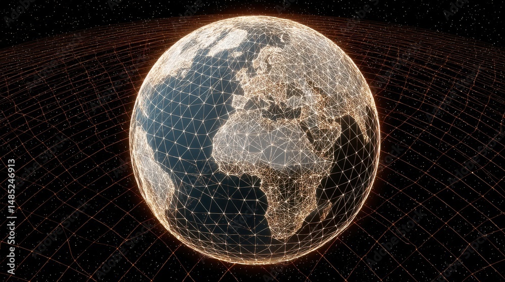Aufkleber Digital Earth Globe Showing Continents with Connection Grid in Space Technology Concept Isometric View