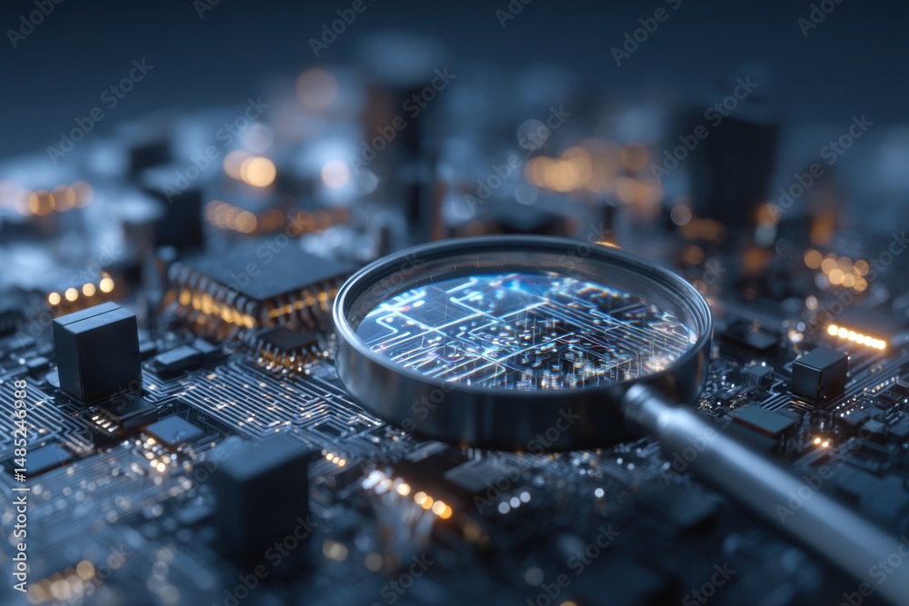 Fototapete Magnifying Glass Examining Intricate Circuit Board Close Up Shot Revealing Complex Technology and Design in Detail for Science and Innovation Concepts