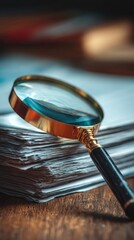 Obraz premium Magnifying glass resting on stack of papers on wooden table top down view investigation research analysis close up