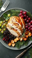 Roasted Turkey with Grapes and Cranberry Sauce for Thanksgiving