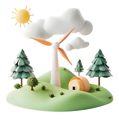 Digital illustration of a small, stylized landscape with a windmill, clouds, trees, and a simple cabin. Pastel colors and a cheerful atmosphere dominate this imaginary scene.