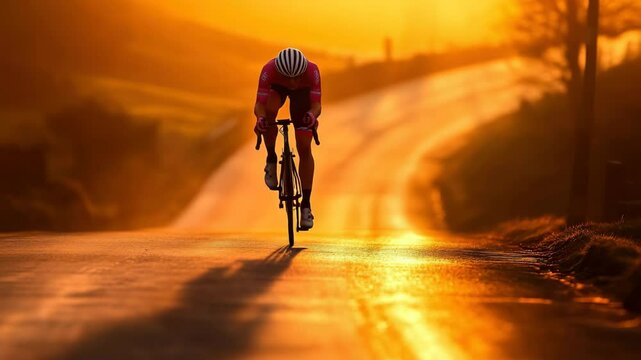 Professional cyclist riding on a mountainside road at sunset