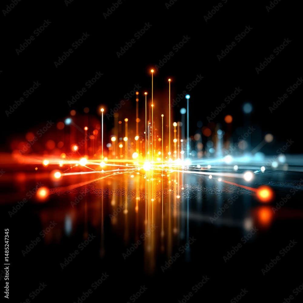 Aufkleber data stream visualization: abstract glowing light lines, connections, and reflections on a dark surf