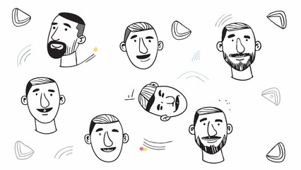 Cartoon illustration featuring multiple sketched faces with varying expressions and beard styles scattered around