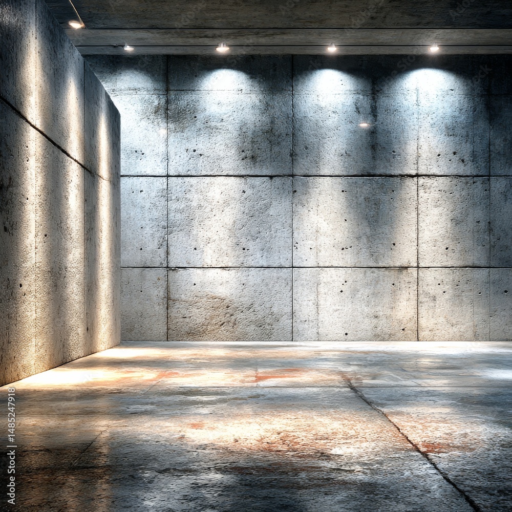 Poster dramatic light in a concrete room: an empty space with textural walls and an industrial feel, bathed