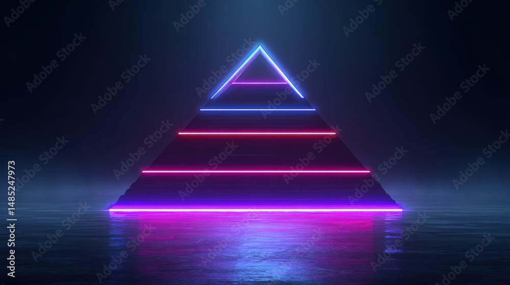 Poster Abstract Pyramid with Neon Lights Reflecting on Wet Surface in Low Angle Shot for Futuristic Design