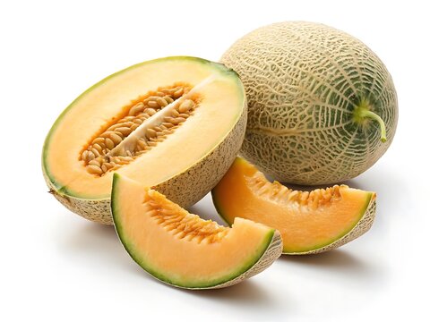Whole and sliced Yubari King melon displayed on white background, premium fruit photography with high detail.  